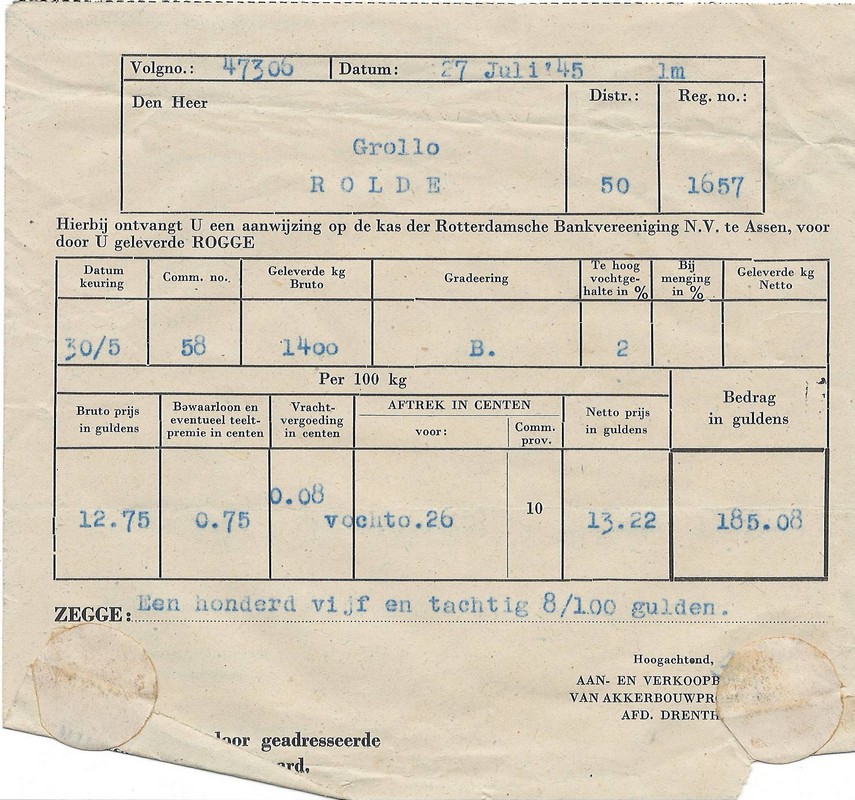 19450727 Kasbewijs geleverde Rogge NN