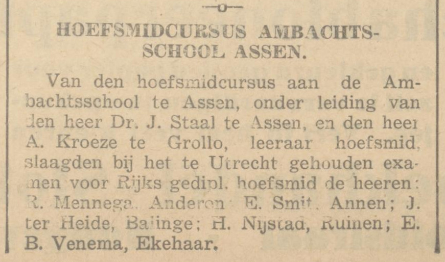 19331113 krant PDAC Kroeze leeraar hoefsmid