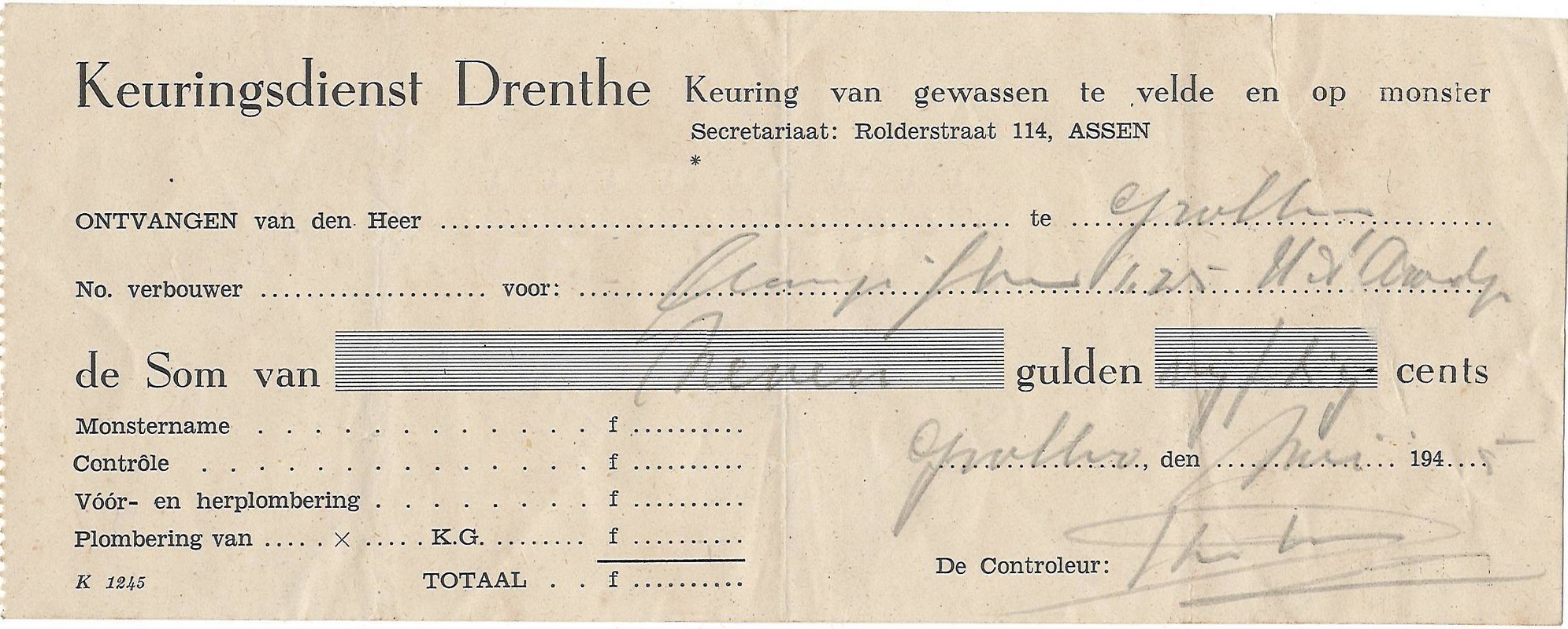 194505 Kwitantie keuringsdienst NN