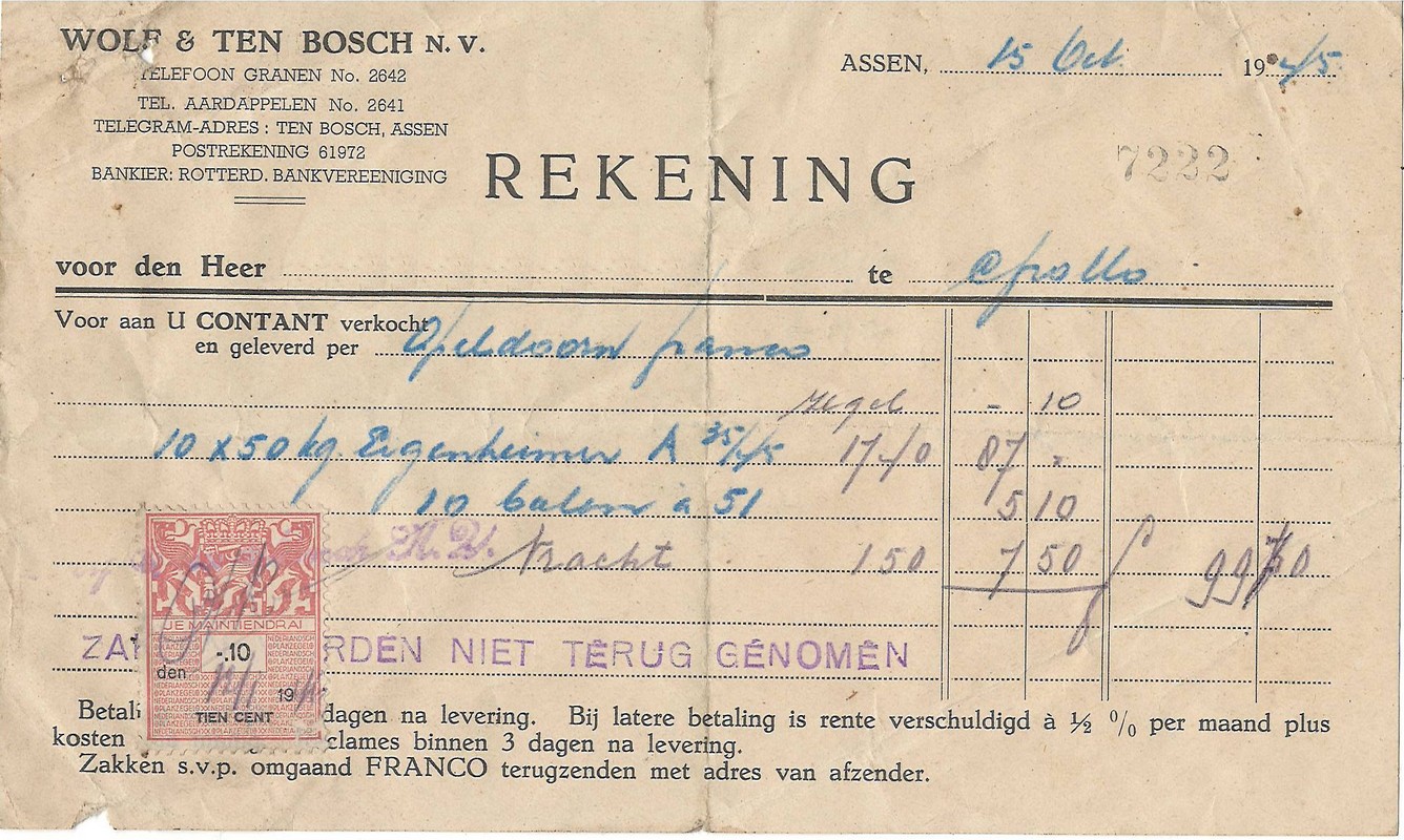 19451015 Rekening Wolf en Ten Bosch pootaardappelen NN