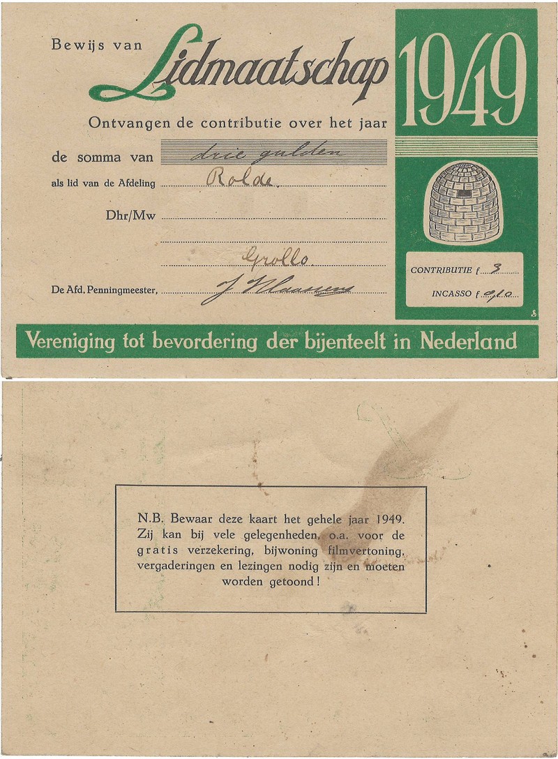 1949 Lidmaatschapskaart Bijenteelt NN
