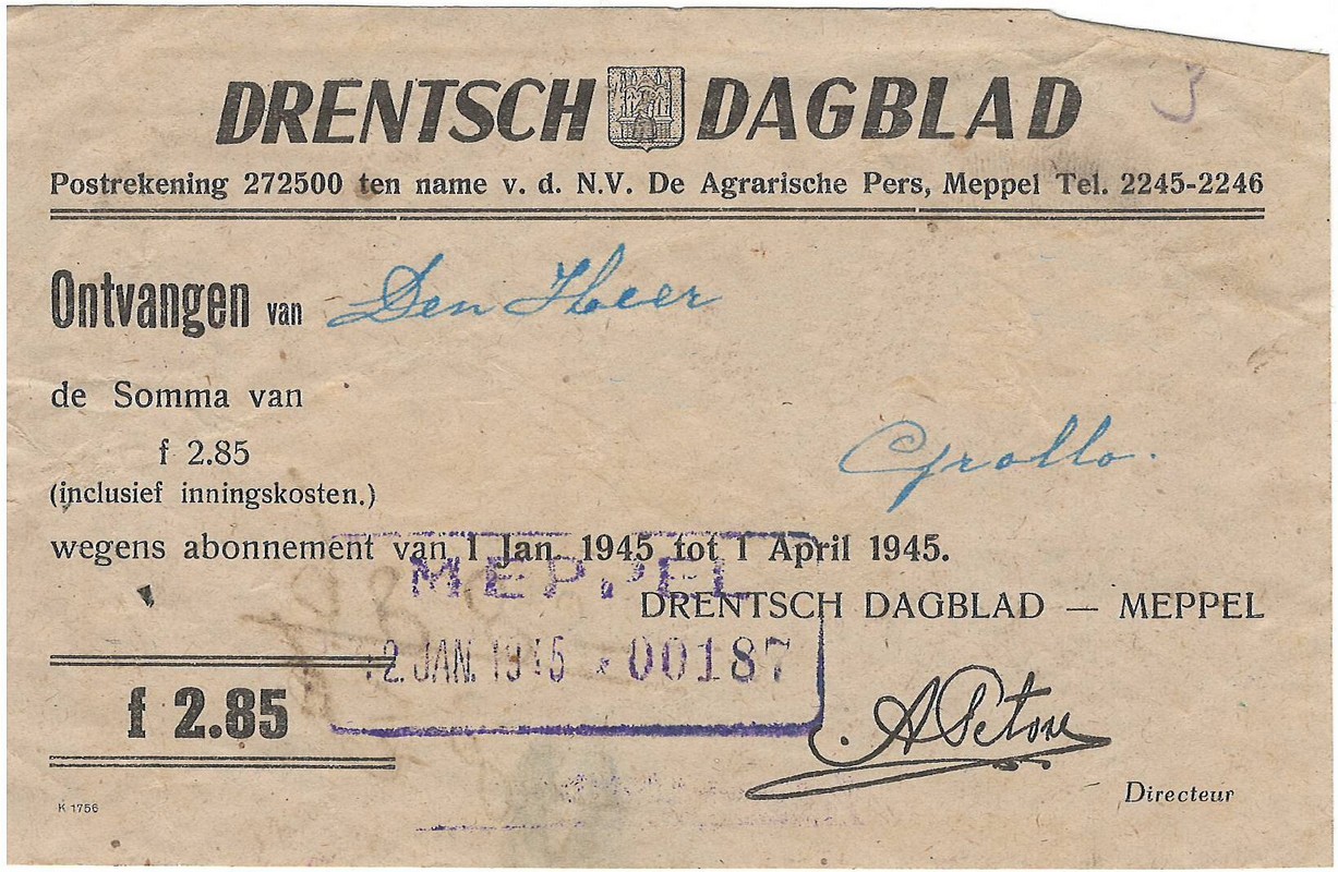 19450112 Abonnementsgeld Drentsch Dagblad NN