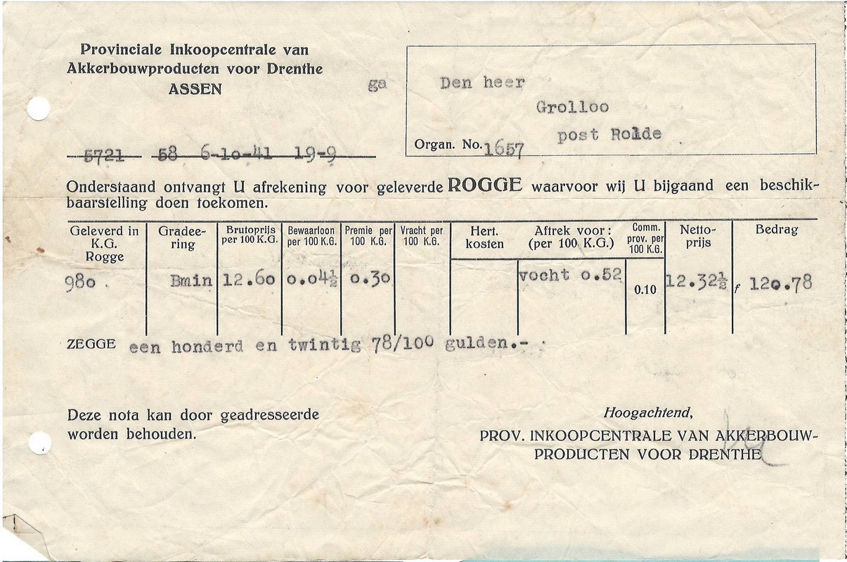 19411006 Afrekening levering Rogge Prov Inkoopcentrale NN