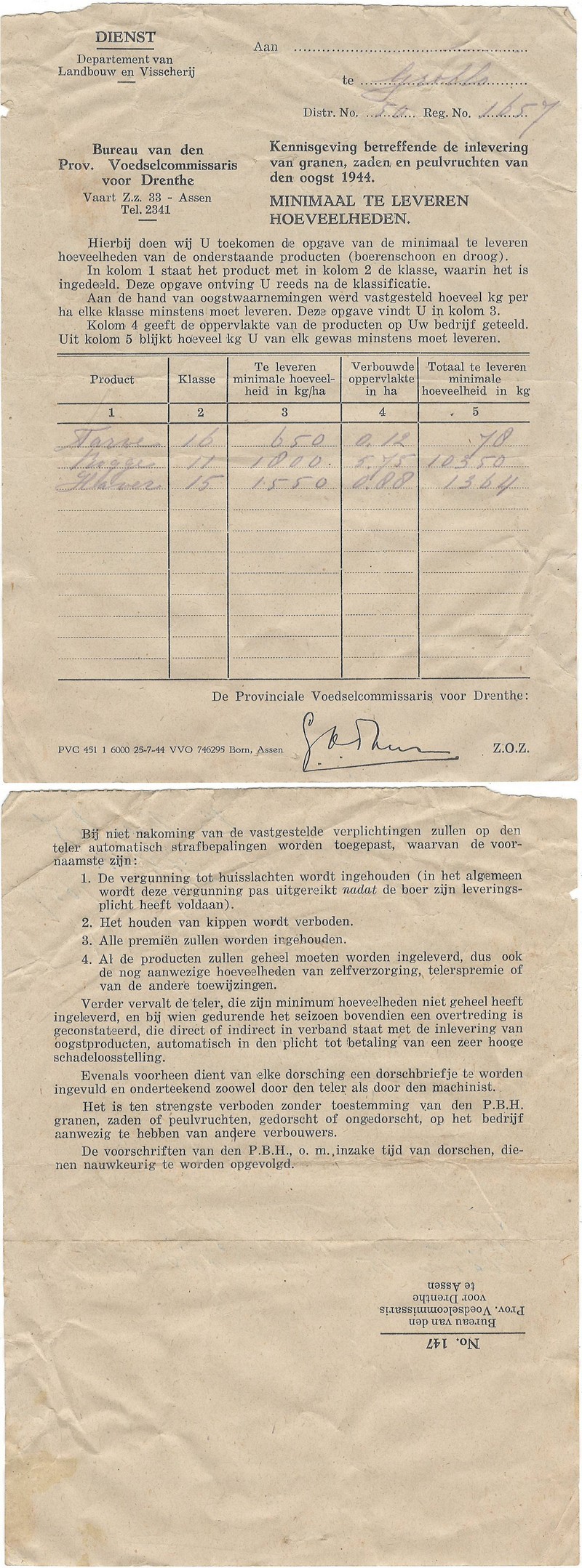 1944 Inlevering minimale hoeveelheden granen NN
