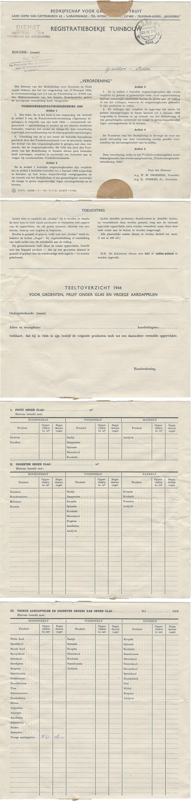 1944 Registratieboekje Tuinbouw NN