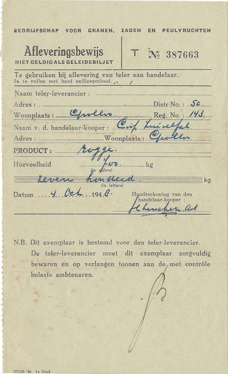 19481001 Afleveringsbewijs Rogge aan Coop Zuivelfabriek NN