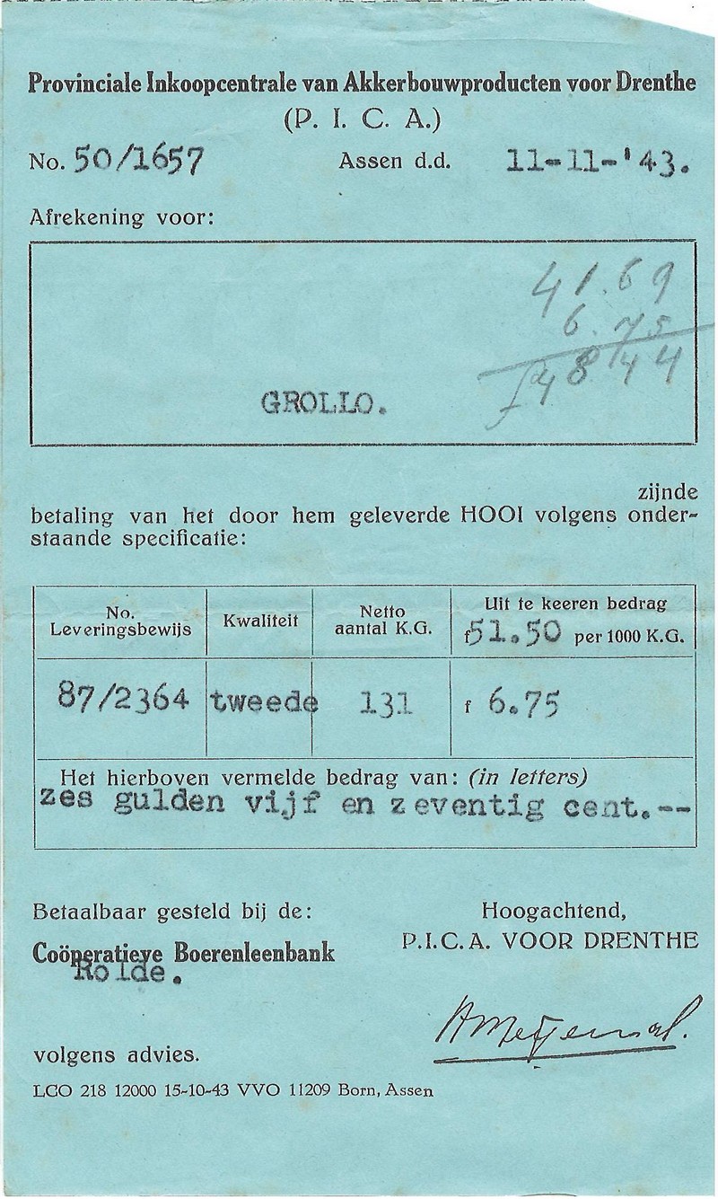 19431111 Afrekening levering Hooi Prov Inkoopcentrale NN