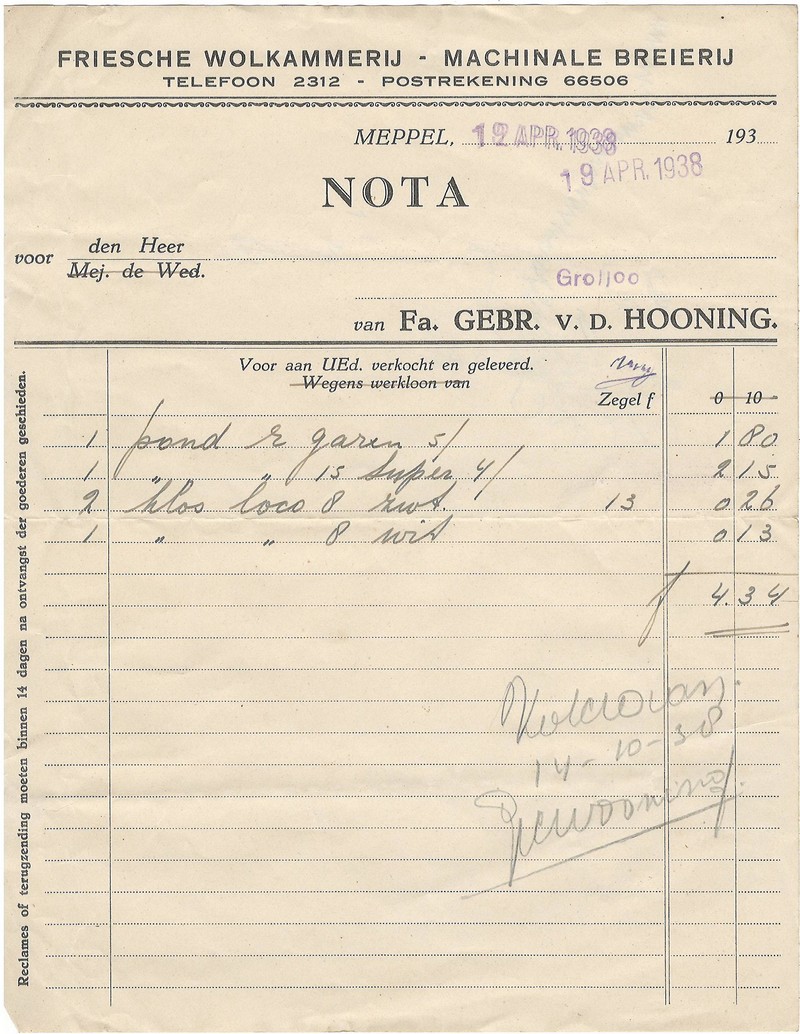 19380419 Rekening Fa vd Hooning NN