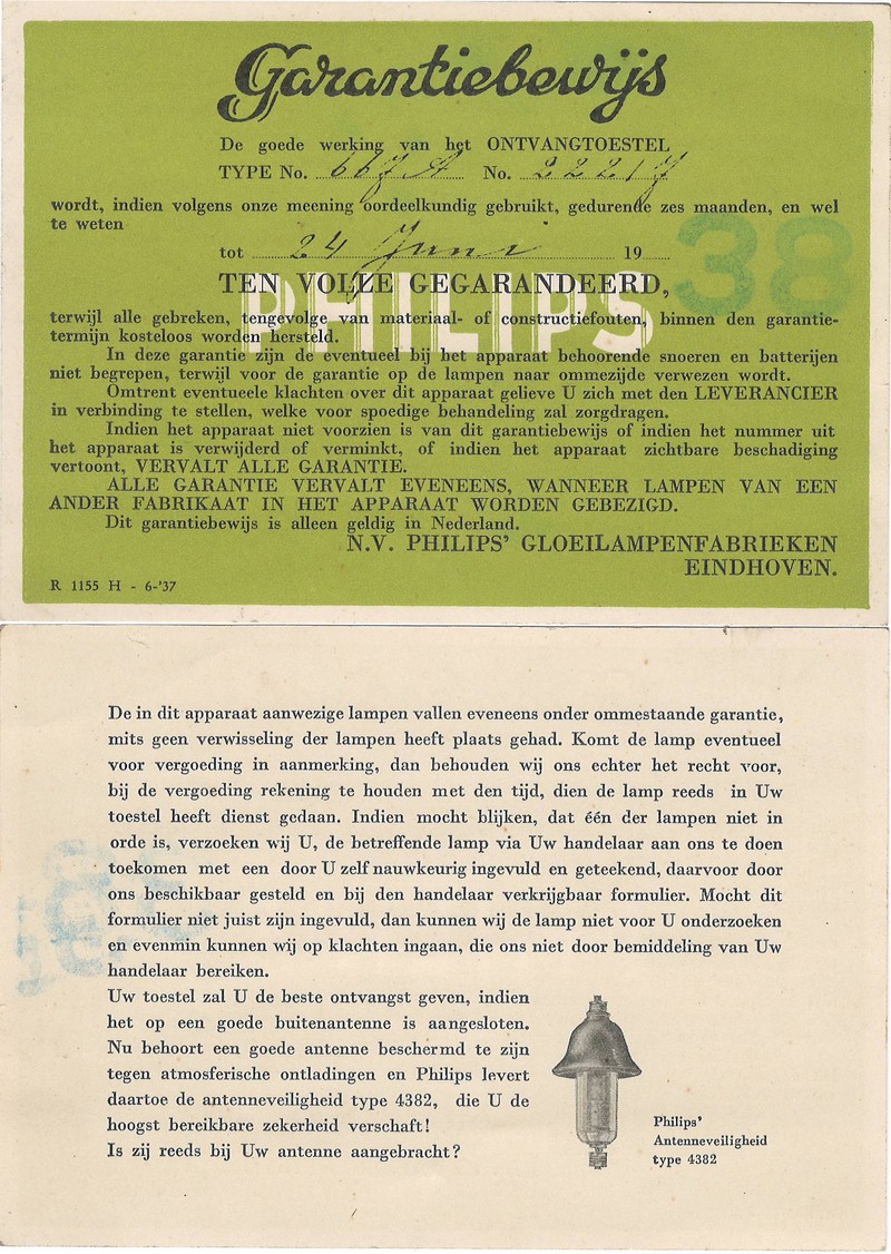 19380624 Garantiebewijs Philips Radio