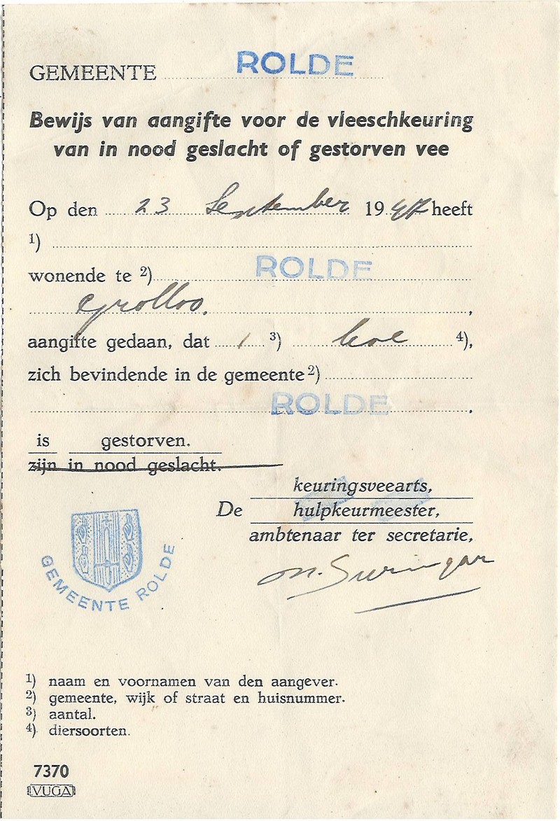 19470923 Aangifte noodslachting Rolde NN