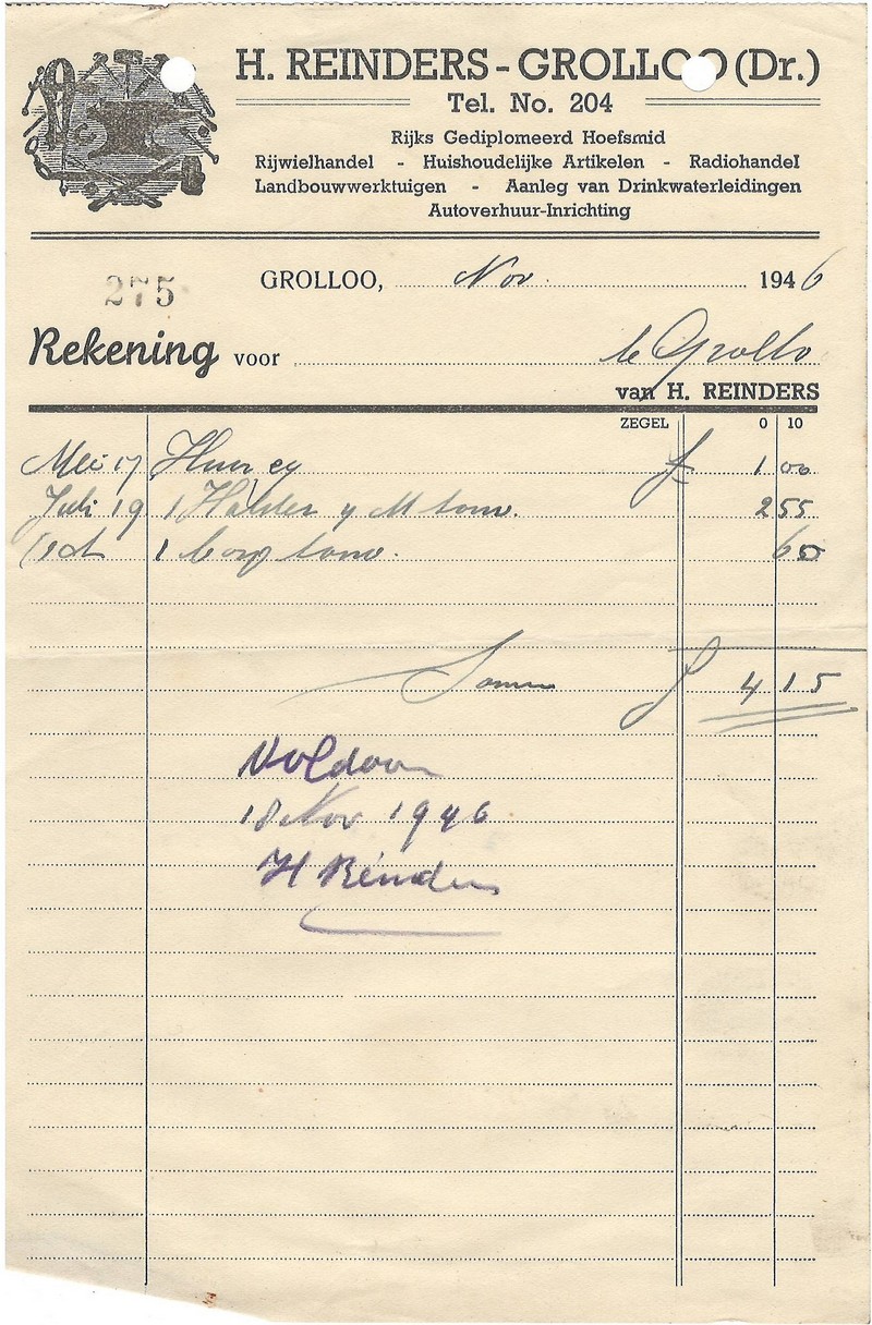 19461118 Rekening Smederij Reinders NN