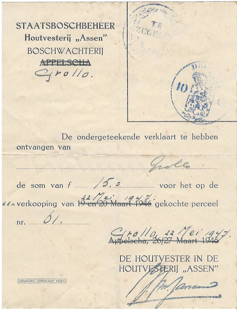 19470522 Kwitantie Houtvesterij Assen NN