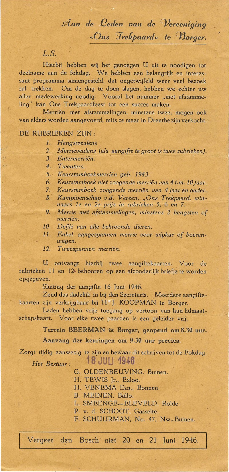 19460718 Uitnodiging Fokdag Trekpaarden Borger