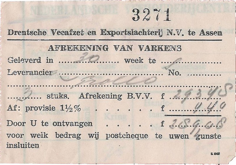 19460829 Afrekening varkens Drentsche Veeafzet en Exportslachterij NN