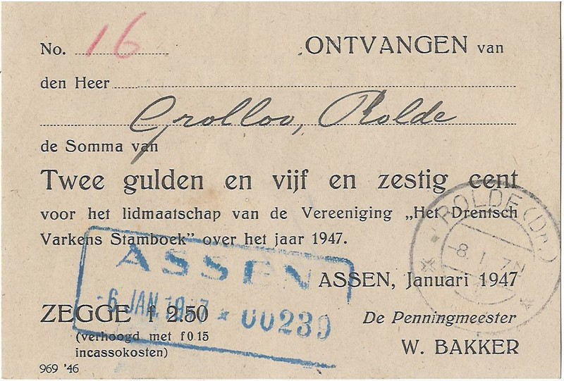 19470106 Kwitantie Drentsch Varkens Stamboek NN