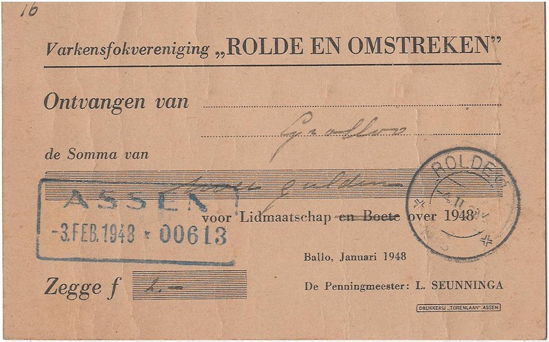 19480203 Kwitantie Varkensfokvereniging Rolde eo NN