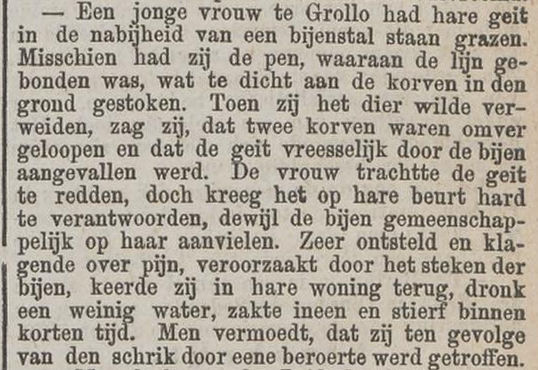 18790906 krant De werkmansbode orgaan van het Algemeen Nederlandsch Werklieden Verbond dood door bijen