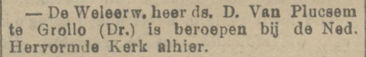 19080110 krant Provinciale Noordbrabantsche en 's Hertogenbossche courant Ds Plucsem beroepen