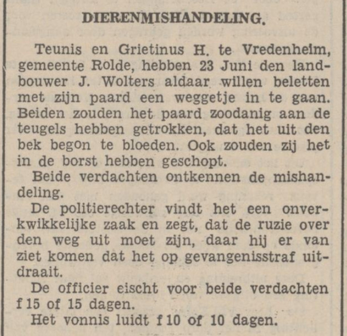 19390803 krant PDAC dierenmishandeling tov Wolters Vredenheim
