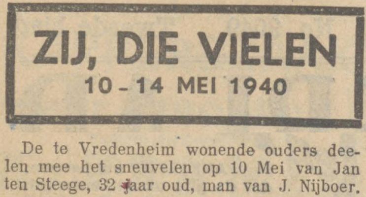 19400527 krant LeeuwarderNieuwsblad bericht JterSteege gesneuveld