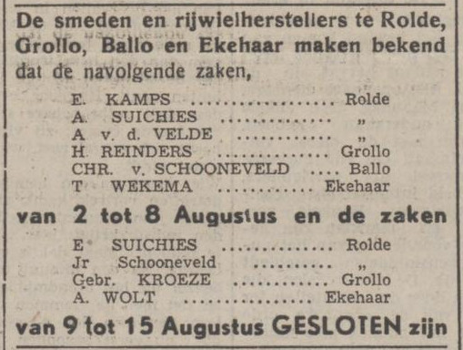 19430728 krant Drentsch dagblad smeden gem Rolde gesloten aug