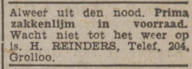 19430901 krant Drentsch dagblad H Reinders zakkenlijm op voorraad
