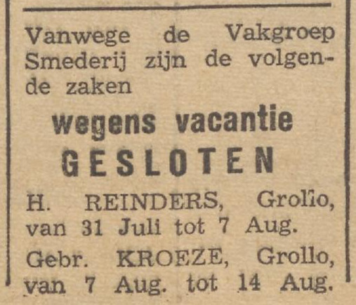 19440729 krant Drentsch dagblad smeden wegens vacantie gesloten
