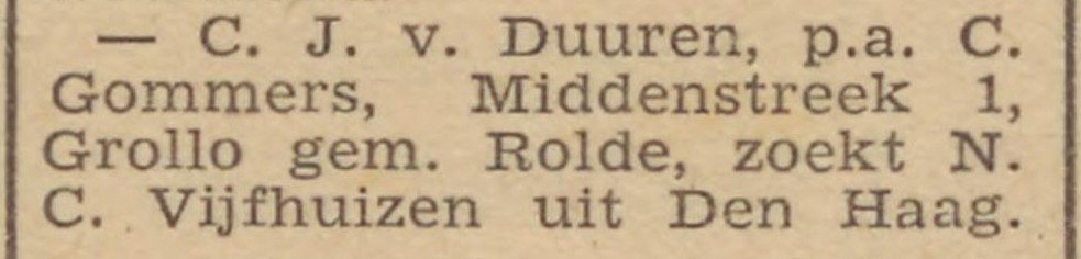 19450330 krant Drentsch dagblad fam verblijft in Grollo zoekt fam Gommers