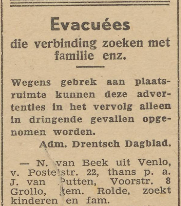 19450404 krant Drentsch dagblad fam verblijft in Grollo zoekt fam
