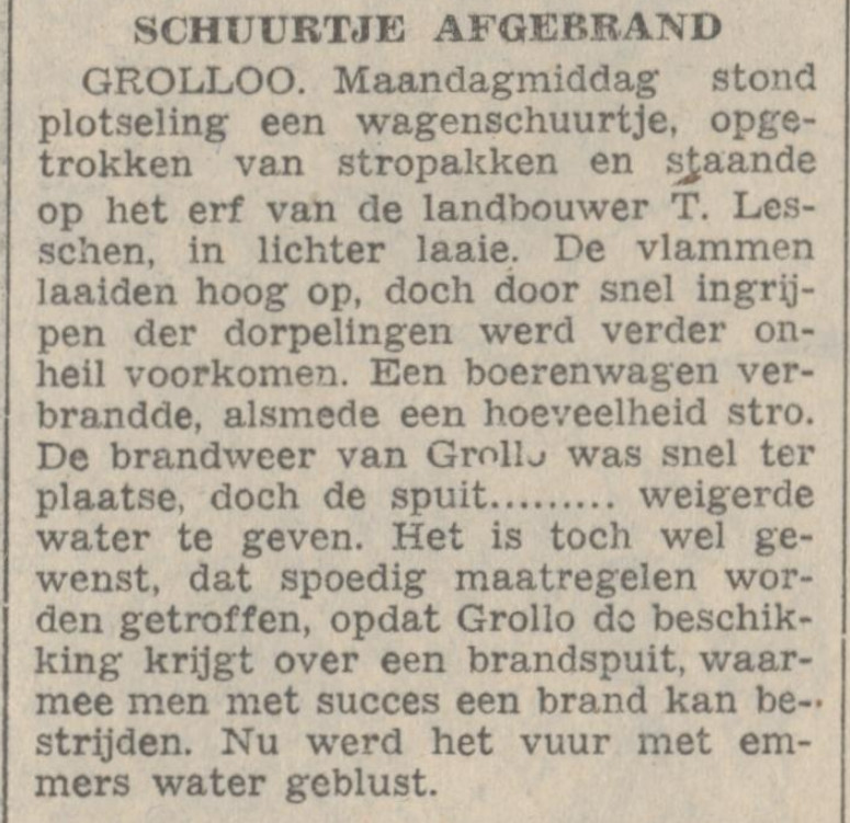 19480616 krant PDAC brand wagenschuur T Lesschen nieuwe spuit nodig