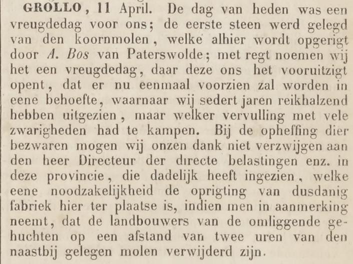 18530413 krant NieuweDrentsecourant molen Bos eerste steenlegging