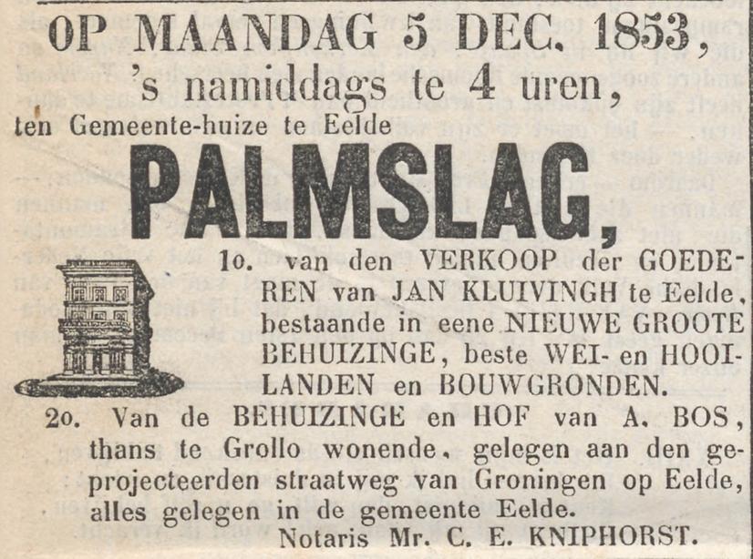 18531130 krant PDAC molen verkoop Bos Eelde