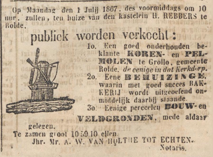 18670615 krant PDAC verkoop molen bakkerij Bos