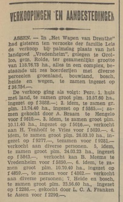 19340321 krant PDAC resultaten verkoop landgoed Vredenheim